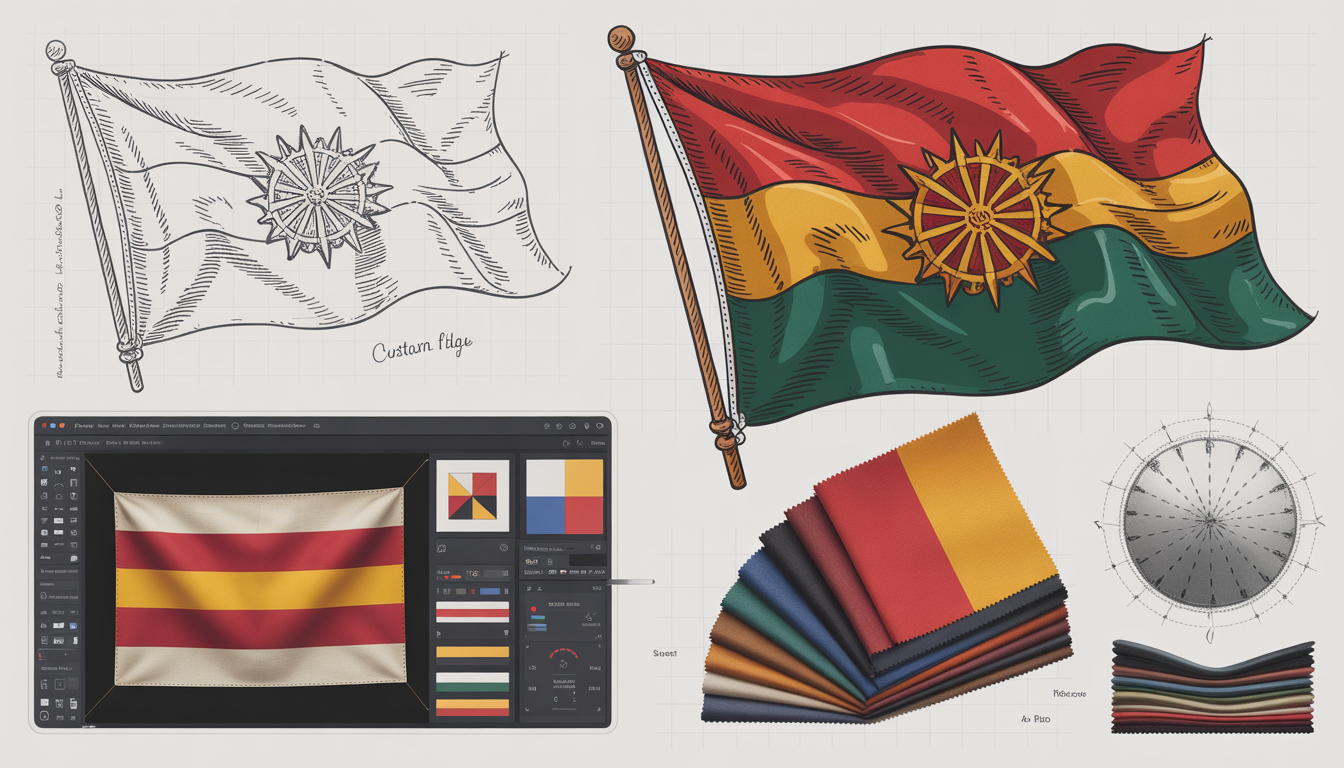 Illustration of the custom flag design process, featuring sketches, digital tools, and fabric samples.