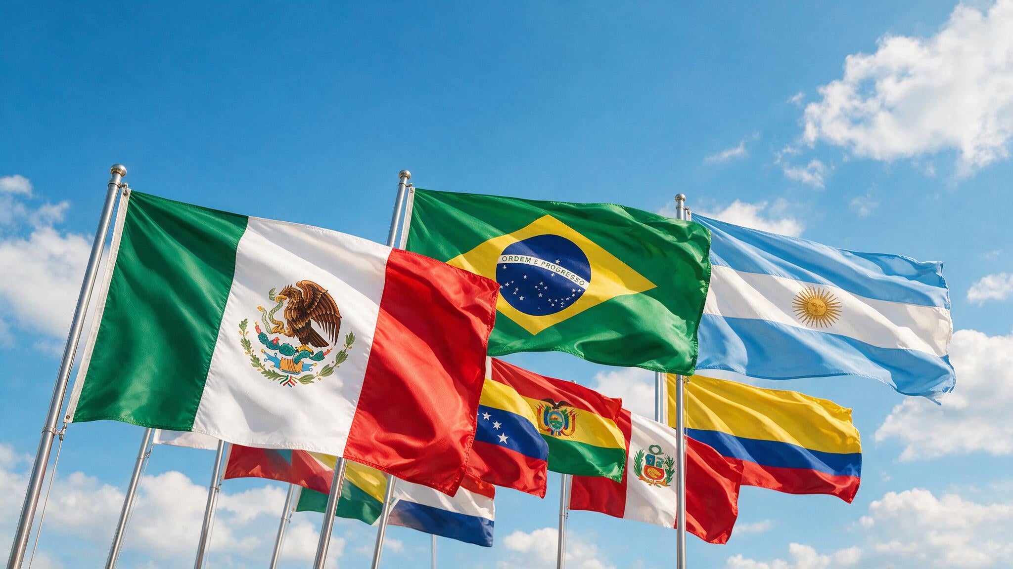 International and heritage country flags including Mexico, Brazil, and Argentina waving against a blue sky