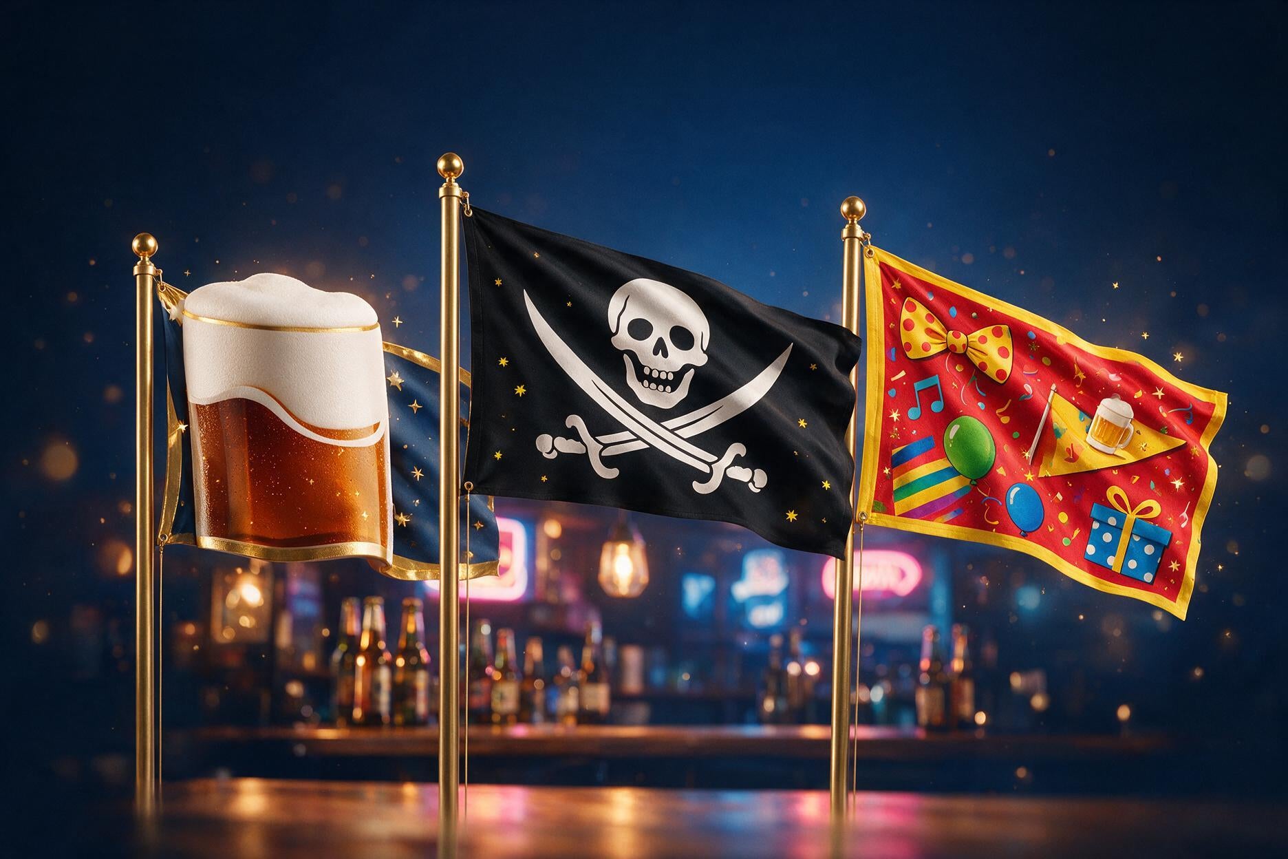 Novelty & Bar Sale — beer, pirate and party flags, 10% off with code BAR10