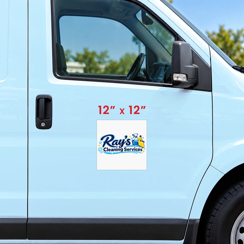 A 12x12 inch square decal sticker for Ray's Cleaning Services shown on the side of a light blue van, with red text indicating the size.