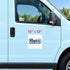 A 12x12 inch square decal sticker for Ray's Cleaning Services shown on the side of a light blue van, with red text indicating the size.