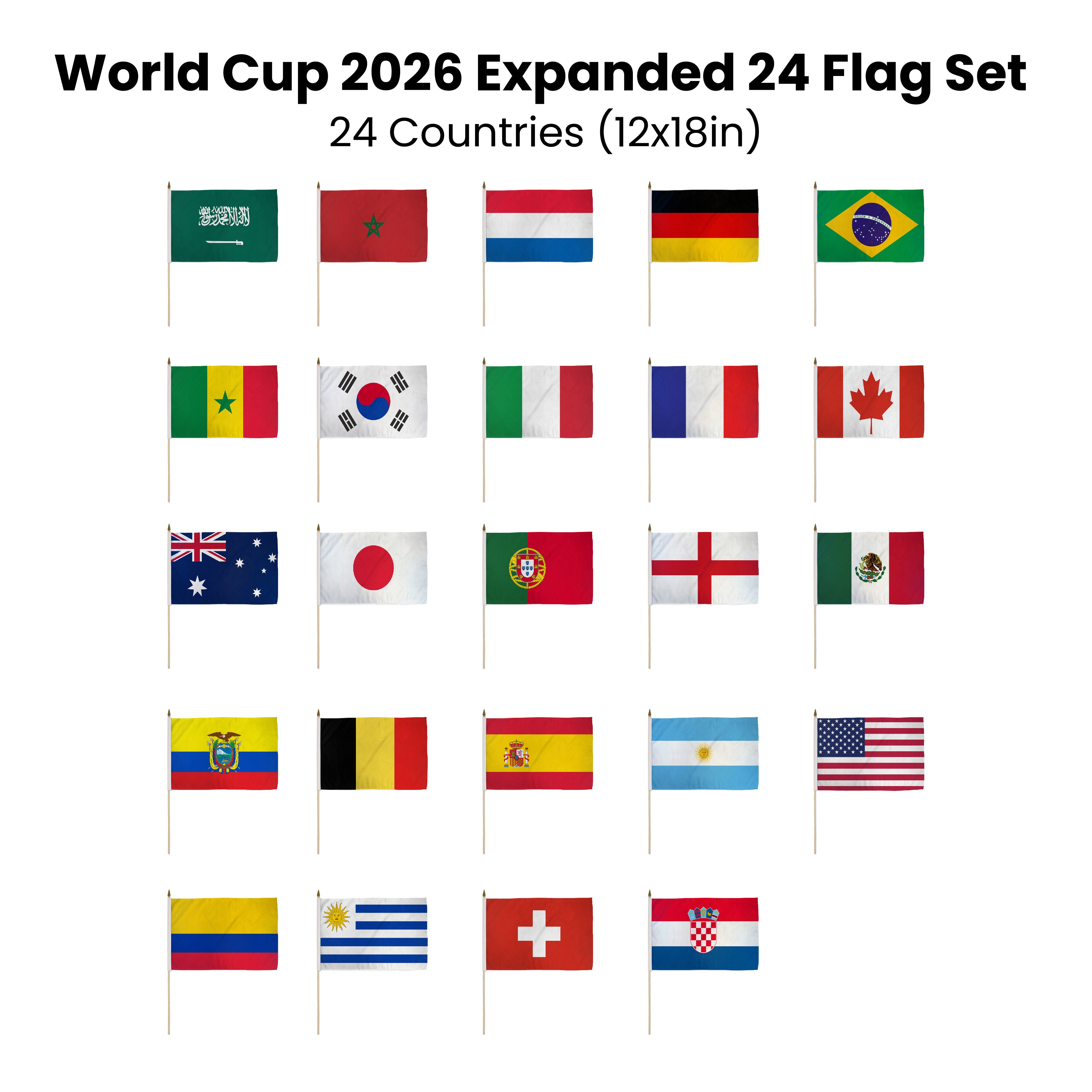 World Cup 2026 Expanded Flag Set – 24 Countries (12x18in Stick Flags)