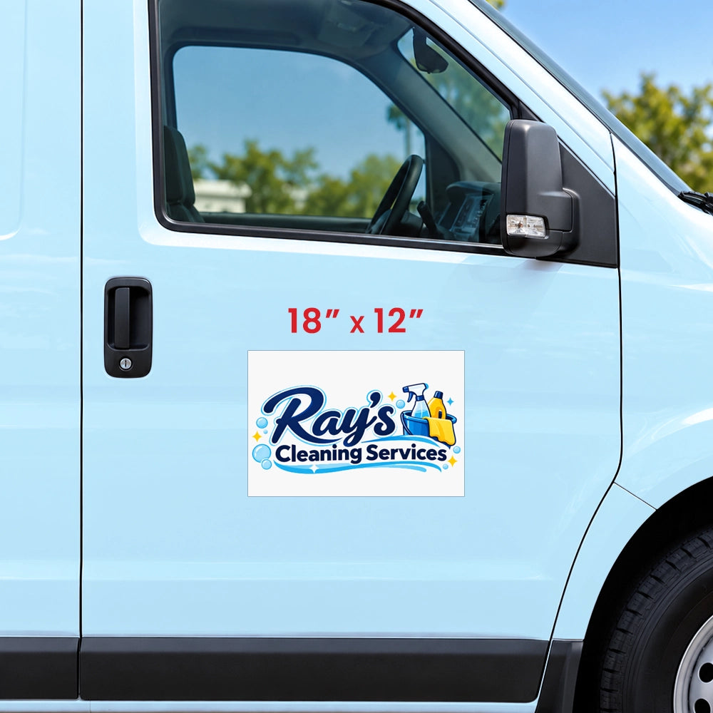 A 18" x 12" custom decal featuring the logo for 'Ray's Cleaning Services' applied to the side door of a light blue van. The decal includes blue script lettering, a yellow sponge, and blue water droplets, with red text indicating the size.