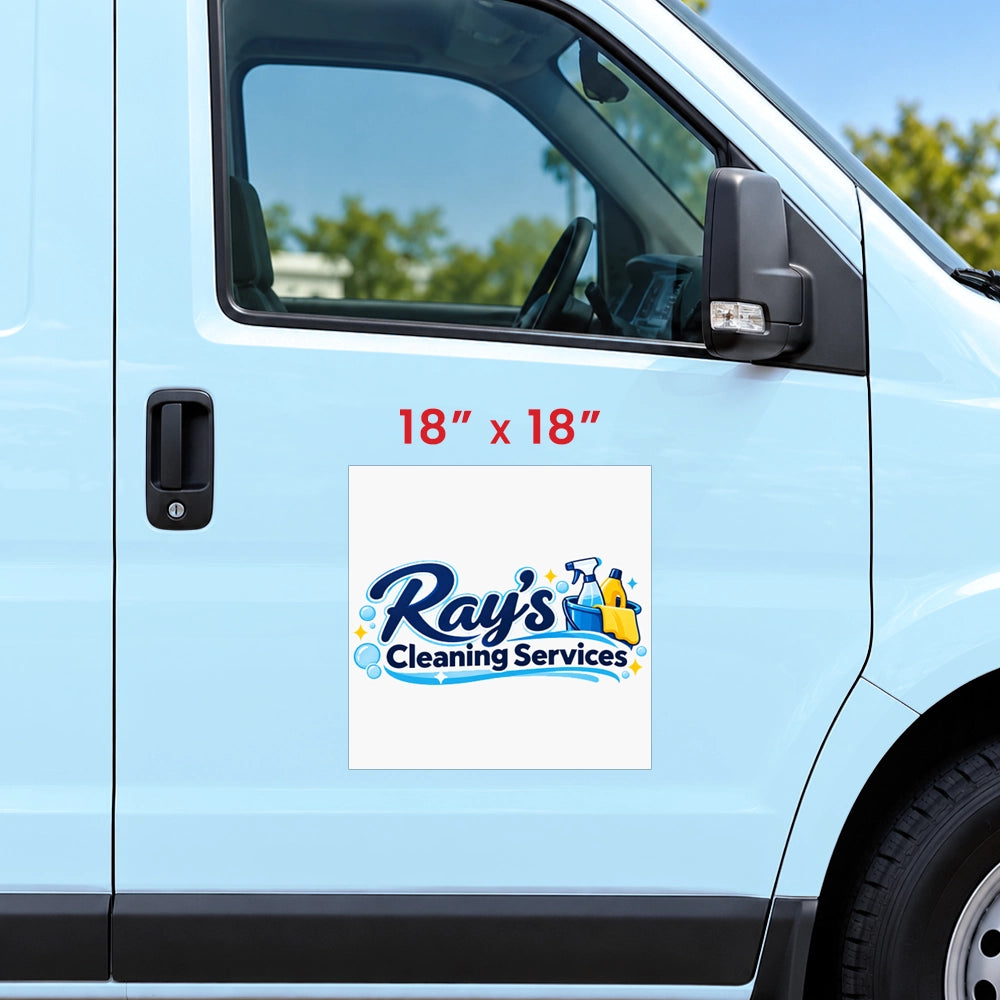 A square white vinyl decal sticker for 'Ray's Cleaning Services' shown applied to the side door of a light blue van. The sticker features blue and yellow graphics of a cleaning cart and squeegee, with the business name in stylized blue and white lettering.