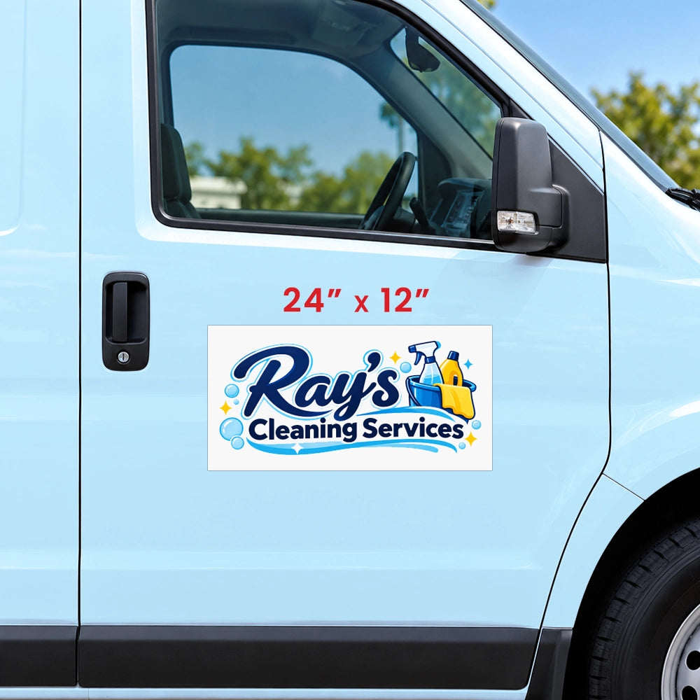A rectangular vinyl decal for 'Ray's Cleaning Services' shown on the side of a light blue van. The decal features a white background with blue and yellow graphics, including a spray bottle, sponge, and cleaning brushes.