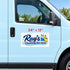 A rectangular vinyl decal for 'Ray's Cleaning Services' shown on the side of a light blue van. The decal features a white background with blue and yellow graphics, including a spray bottle, sponge, and cleaning brushes.