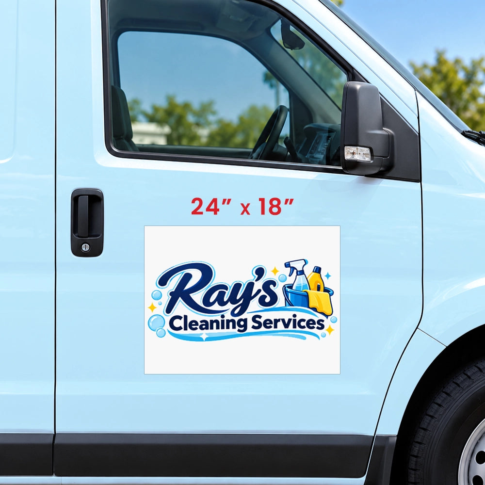 A rectangular vinyl decal for 'Ray's Cleaning Services' shown on the side of a light blue van. The decal features a white background with blue and yellow graphics of cleaning supplies and text.