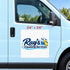 A 24x24 inch vinyl decal sticker for 'Ray's Cleaning Services' shown applied to the side door of a light blue van. The sticker features a white background with blue and yellow graphics of cleaning supplies and text.