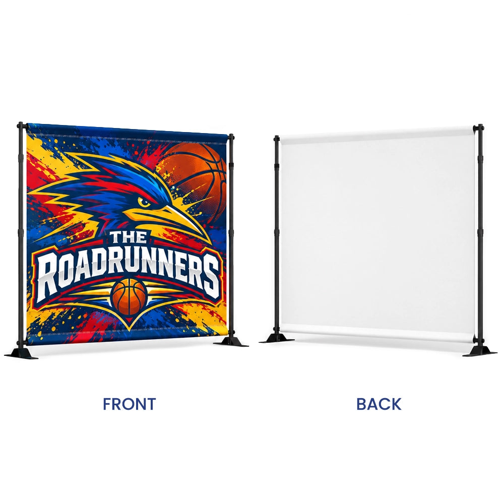 A basketball-themed backdrop banner set shown in front and back views. The front view displays a vibrant graphic with 'THE ROADRUNNERS' text and a bird logo over a blue, yellow, red, and orange paint-splatter background.