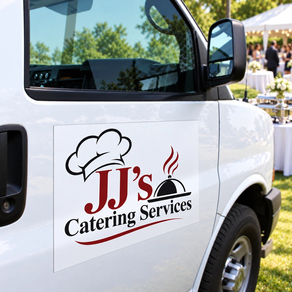 A white van at an outdoor event with a large 'JJ's Catering Services' logo printed on the side door. The logo features a chef's hat, red and black lettering, and a cloche icon.