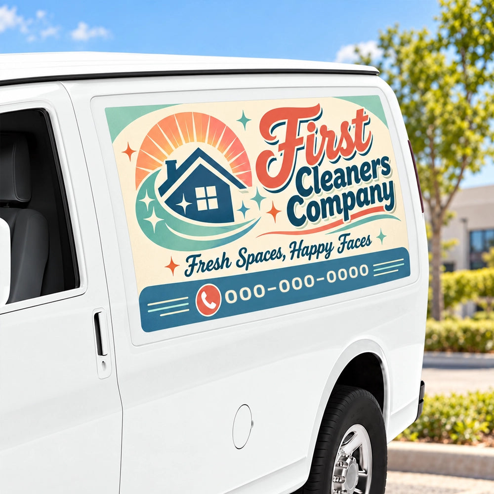 A white van with a large retro-style 'First Cleaners Company' logo decal on the side door, shown outdoors on a sunny day with trees and a building in the background.