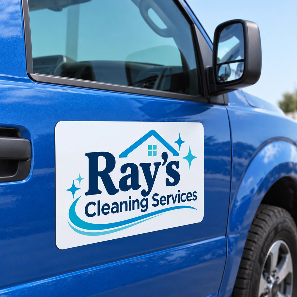 A white rectangular decal with the text 'Ray's Cleaning Services' in blue, featuring a small house icon and star accents, applied to the side door of a blue pickup truck.