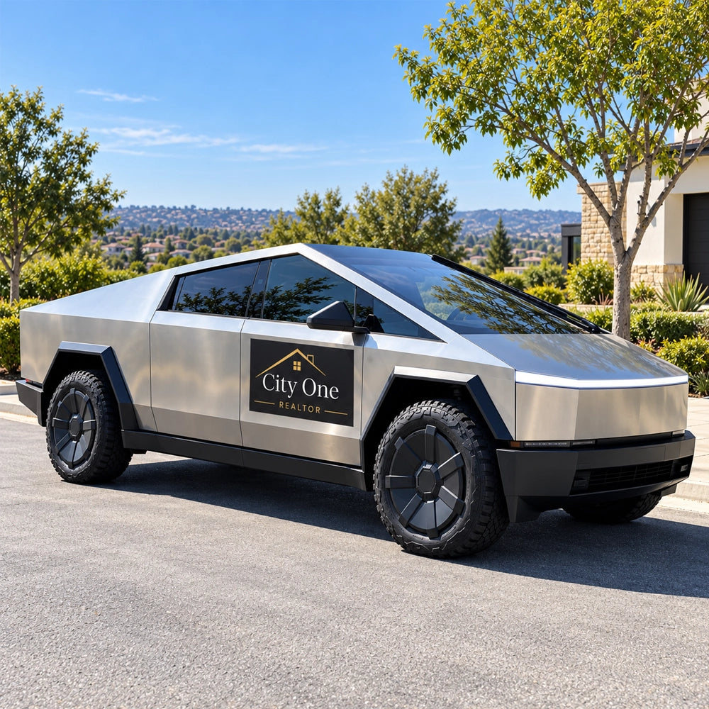 A silver Tesla Cybertruck-style pickup truck parked outdoors on a paved road, with trees, hills, and a building visible in the background. A black door patch reads 'City One Property' in gold text.