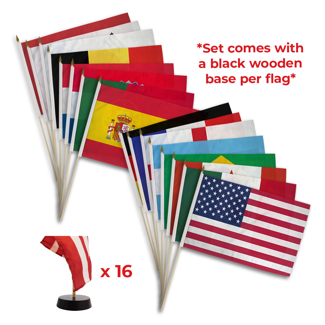 World Cup 2026 Core Flag Set – 16 Countries (12x18in Stick Flags with Black Wooden Bases)