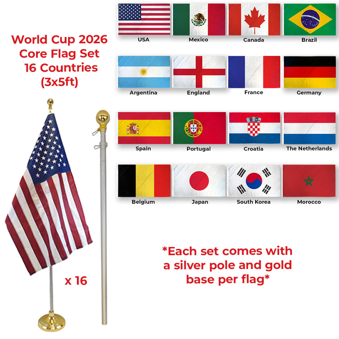 World Cup 2026 Flag Kit – Top 16 Countries with 8ft Poles & Gold Bases