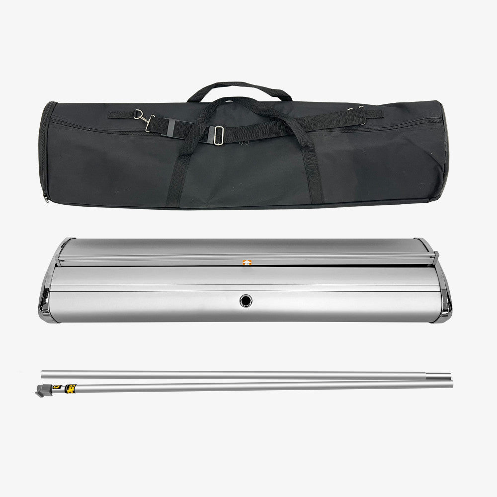 Set of silver metal rolls with a black carrying case on a white background
