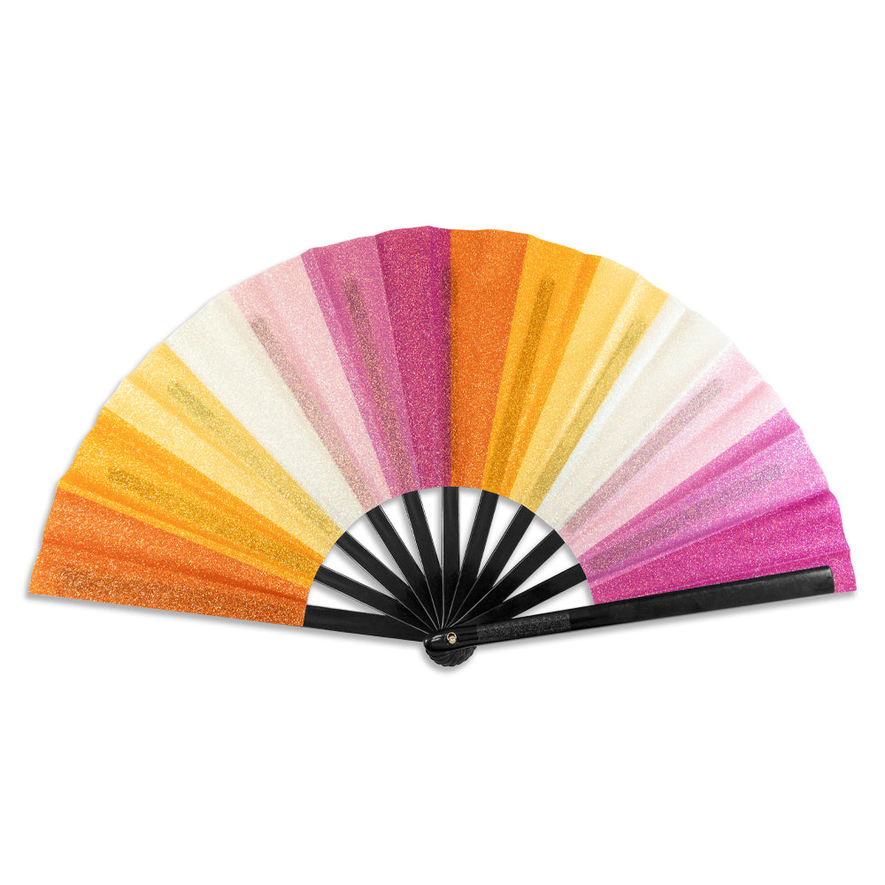 Lesbian sunset pride glitter X-Large hand fan with orange, white, and pink stripes
