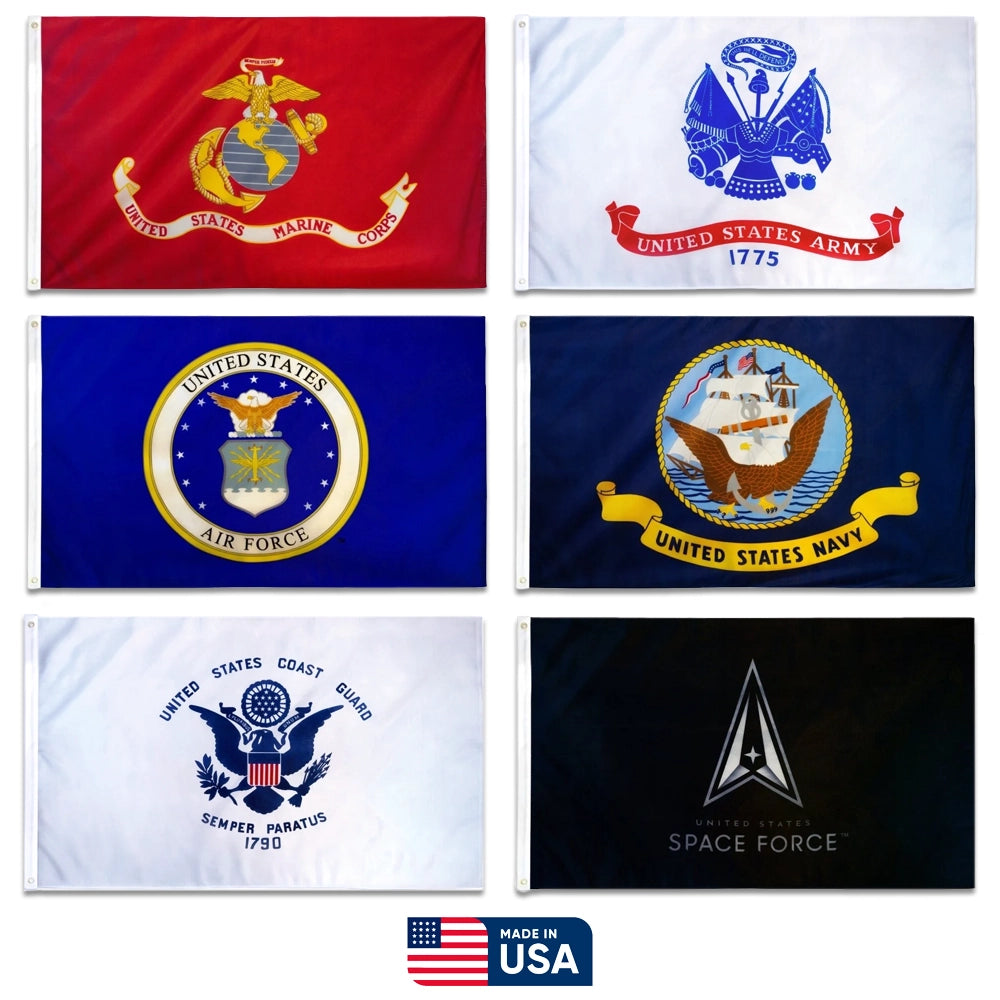 Six 3x5ft Valley Forge military flags included with every display package; poles and bases or brackets depend on selection