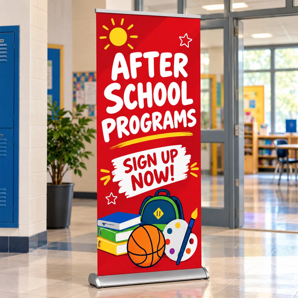 A vertical red roll-up banner stand in a school hallway, printed with the text 'AFTER SCHOOL PROGRAMS' and 'SIGN UP NOW!' along with school-themed graphics including a sun, stars, books, a basketball, a backpack, and a paint palette.