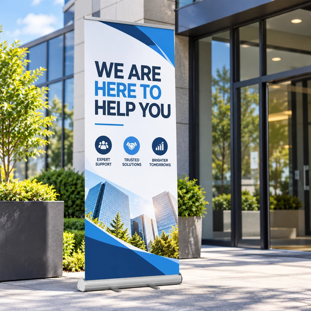A vertical retractable banner stand with a blue and white corporate design, placed outdoors on a paved walkway in front of a modern glass building entrance.
