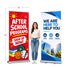 Two vertical roll-up banner stands shown on a white background, one red with school-themed graphics and text, and one blue and white with a city scene and business text. A woman stands between them for scale, with dimension lines indicating 33 inches wide and 81 inches tall.