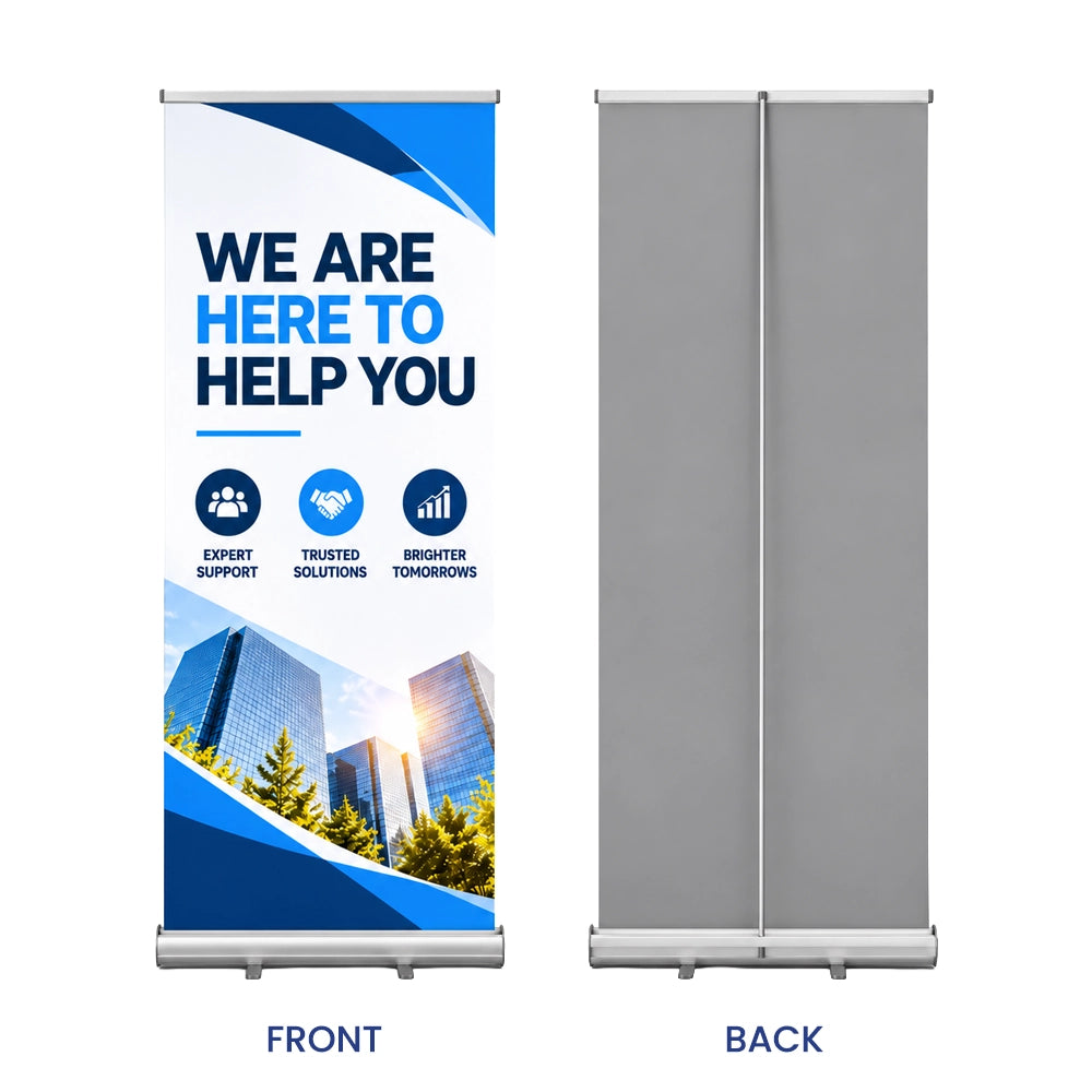 A roll-up banner stand shown from the front and back on a white background. The front panel displays a blue, white, and gray promotional graphic with the text 'WE ARE HERE TO HELP YOU' and icons for expert support, trusted solutions, and brighter tomorrows.