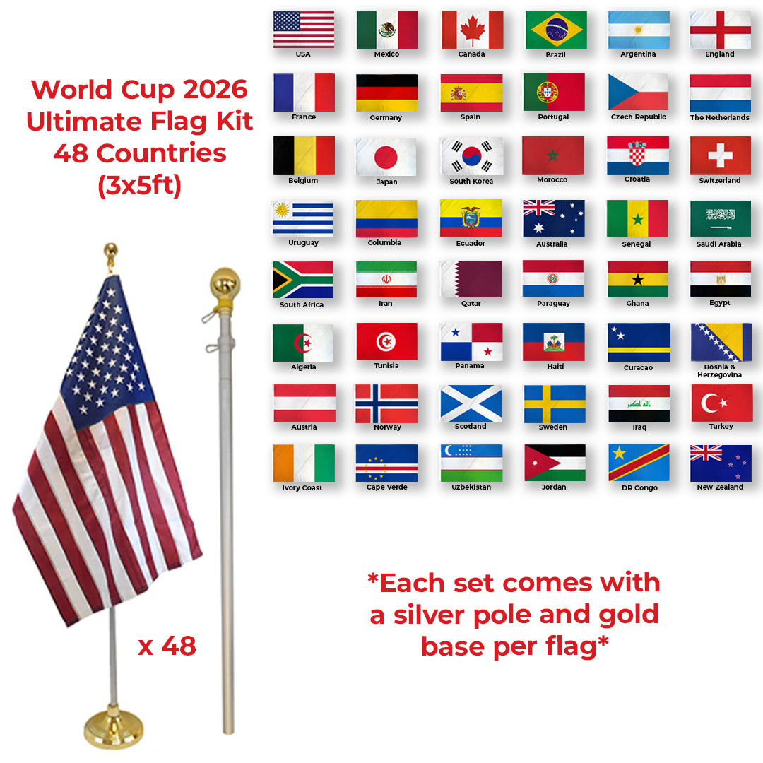 World Cup 2026 Ultimate Flag Kit – 48 Country Set with 8ft Poles & Gold Bases