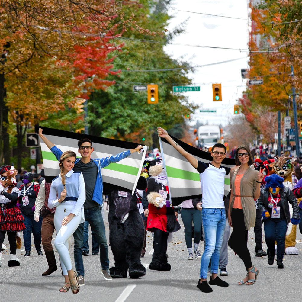 Group of People Holding Agender  Printed Polyester Flag 3ft by 5ft on 6ft Hand Held Pole at Outdoor Festival