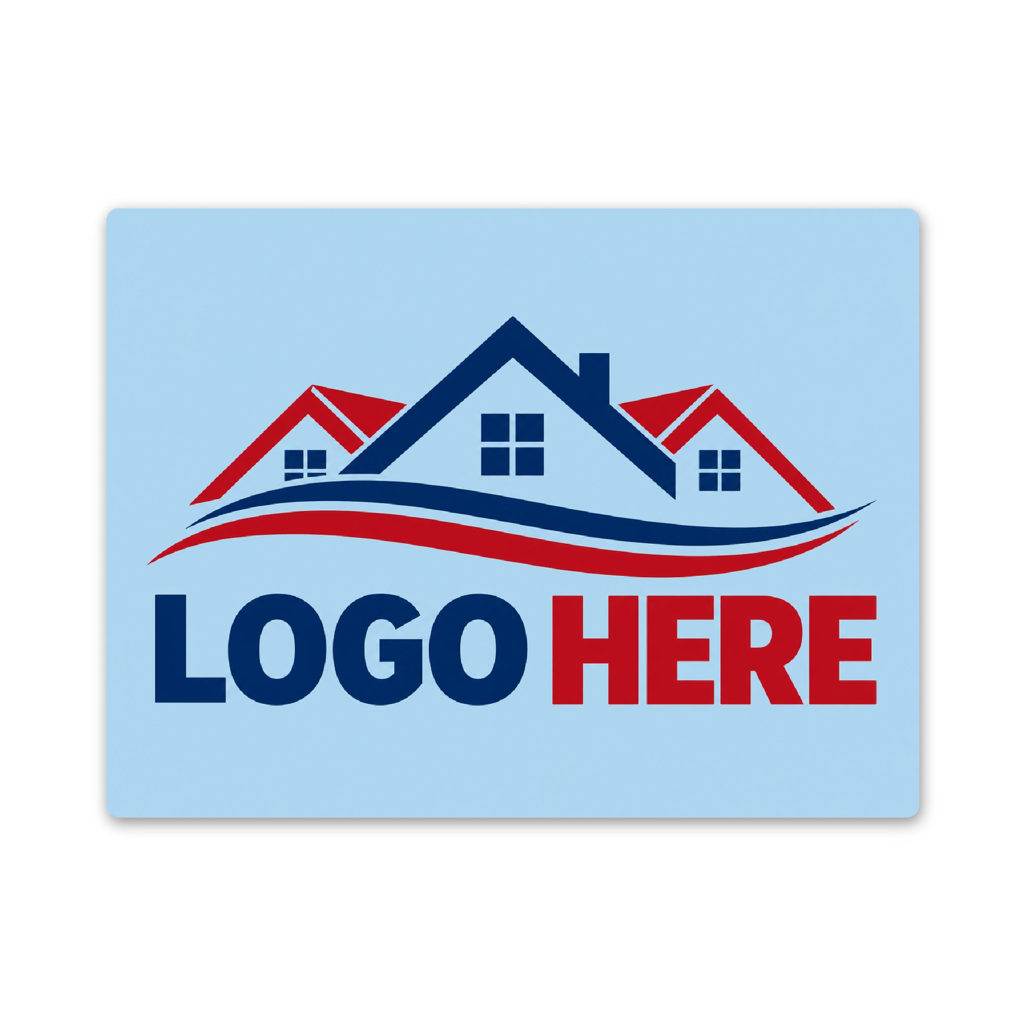 A rectangular light blue sign or plaque with rounded corners, featuring a stylized house graphic in navy and red above the words 'LOGO HERE' in navy and red. The sign is centered on a plain white background.