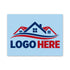 A rectangular light blue sign or plaque with rounded corners, featuring a stylized house graphic in navy and red above the words 'LOGO HERE' in navy and red. The sign is centered on a plain white background.