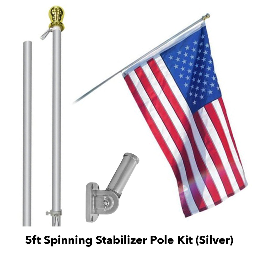 5ft Spinning Stabilizer Flag Pole & Adjustable Bracket Kit (Silver)