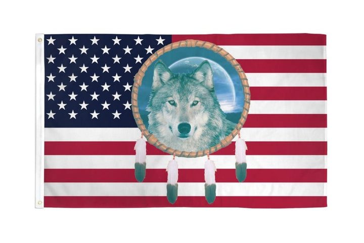 USA Dream Catcher Wolf Flag 3x5ft Poly | Flags Importer | USA Novelty Flag