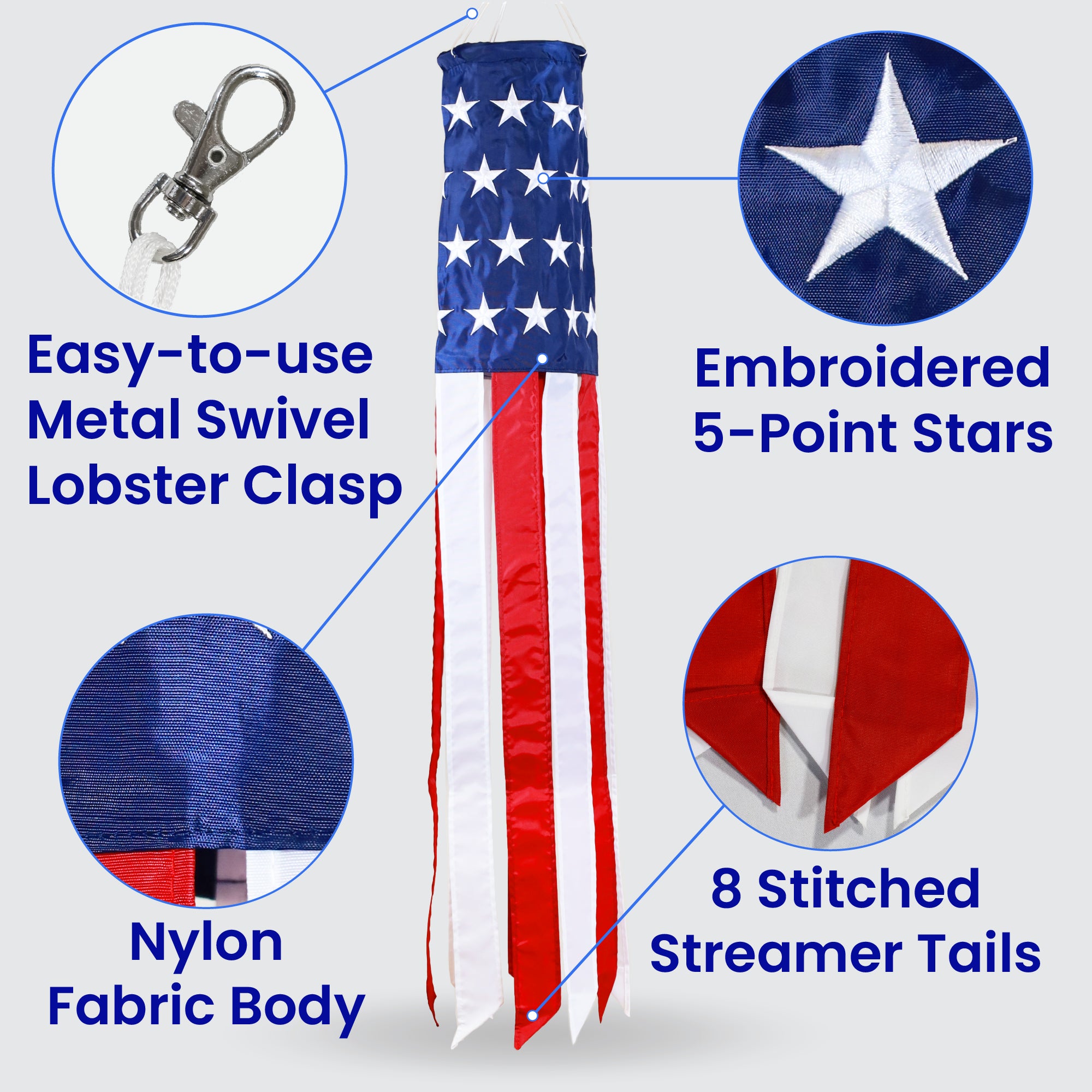 An American flag-themed hanging decoration windsock with a metal lobster clasp, shown on a light gray background with four circular detail callouts and blue text labels highlighting features - easy-to-use metal swivel lobster clasp, ebroidered 5-point stars, nylon fabric body, 8 stitched streamer tails.