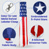 An American flag-themed hanging decoration windsock with a metal lobster clasp, shown on a light gray background with four circular detail callouts and blue text labels highlighting features - easy-to-use metal swivel lobster clasp, ebroidered 5-point stars, nylon fabric body, 8 stitched streamer tails.