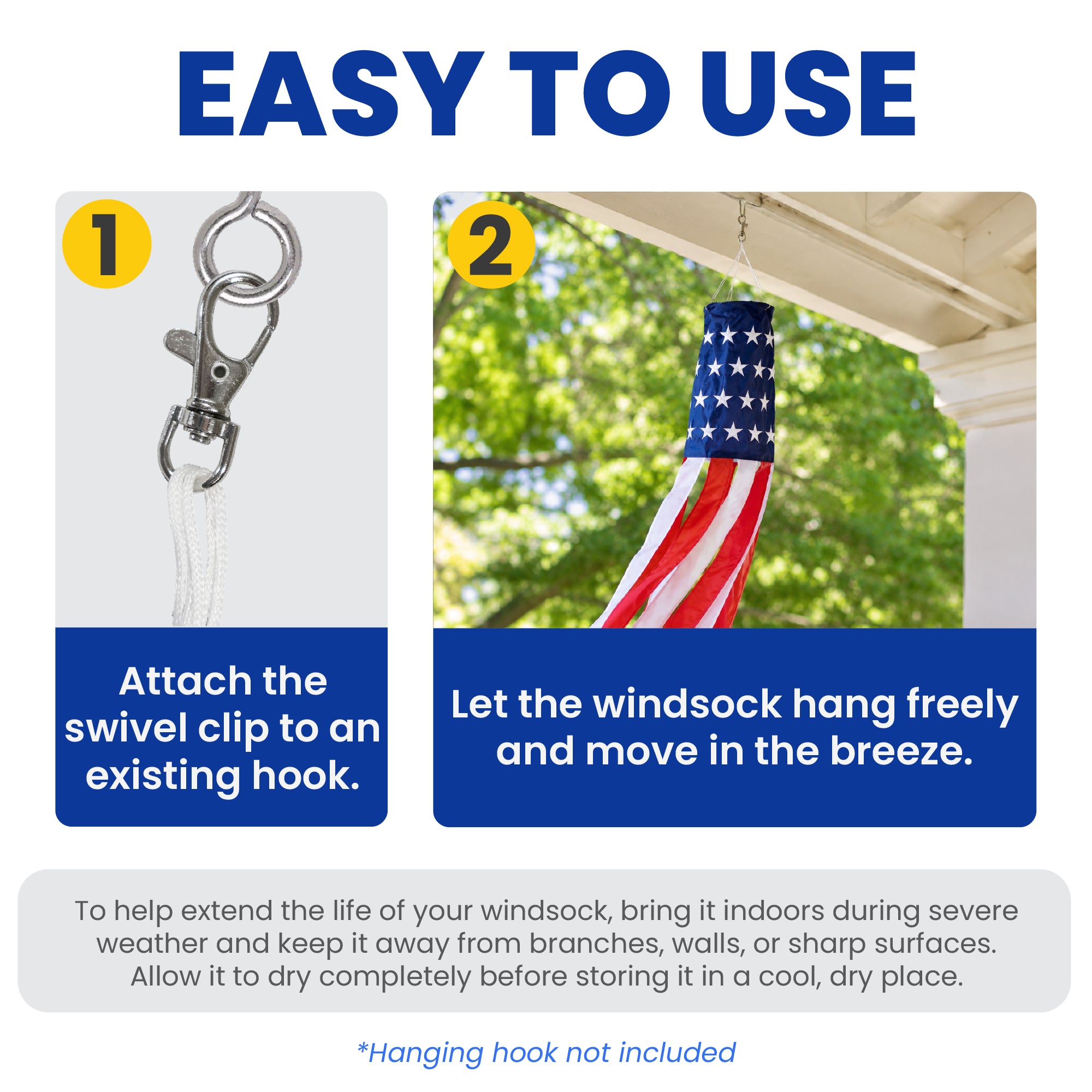 Instruction graphic showing how to use a windsock, with two numbered panels: attaching a swivel clip to an existing hook and letting the windsock hang freely outdoors. Text explains easy use and storage instructions.