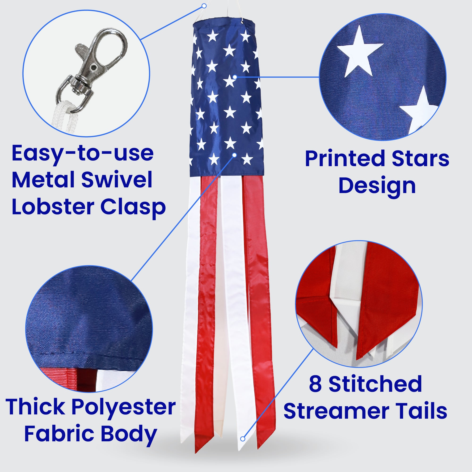 An American flag windsock with a metal lobster clasp, shown with callout circles highlighting features: metal swivel lobster clasp, printed stars design, thick polyester fabric body, and 8 stitched streamer tails.