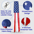 An American flag windsock with a metal lobster clasp, shown with callout circles highlighting features: metal swivel lobster clasp, printed stars design, thick polyester fabric body, and 8 stitched streamer tails.