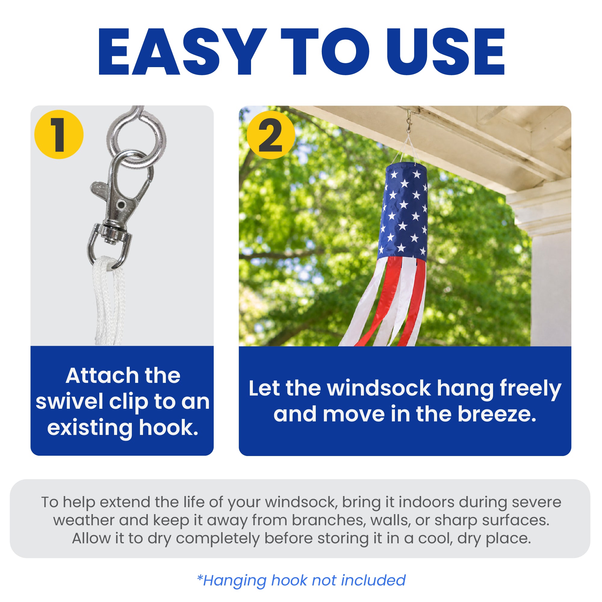 Instruction graphic showing how to use a windsock: step 1 shows attaching a swivel clip to an existing hook, and step 2 shows the windsock hanging outdoors. Text explains easy use and storage instructions.