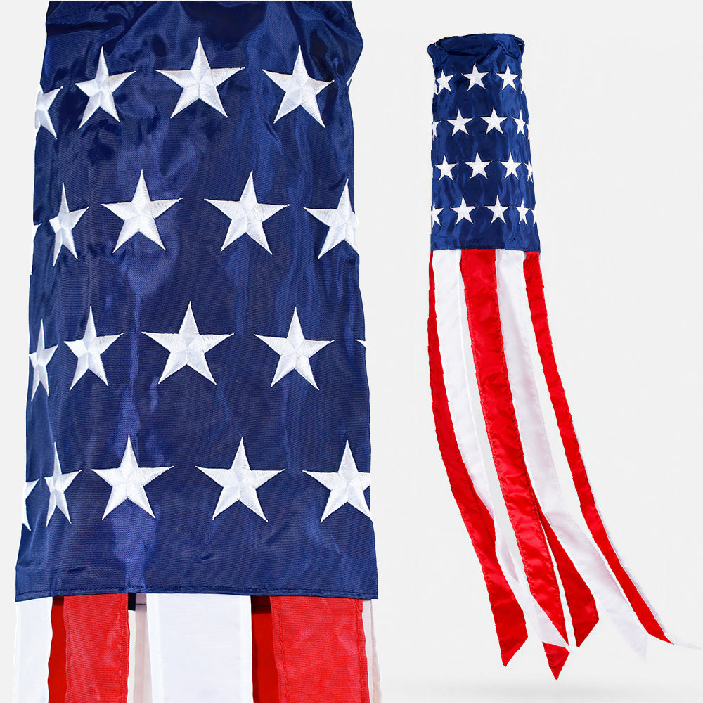 An American flag-themed decorative windsock shown in two views: a larger close-up of the blue field with white stars and red-and-white striped lower section, and a full-length view of the hanging flag on a light gray background.
