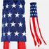 An American flag-themed decorative windsock shown in two views: a larger close-up of the blue field with white stars and red-and-white striped lower section, and a full-length view of the hanging flag on a light gray background.
