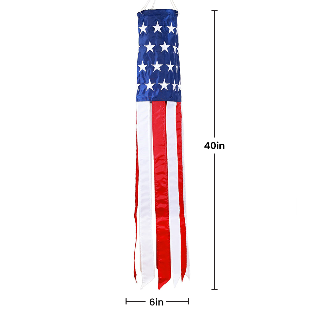 An American flag windsock hanging vertically on a white background, with dimension lines indicating a height of 40 inches and a width of 6 inches.