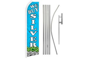 We Buy Silver Superknit Polyester Swooper Flag Size 11.5ft by 2.5ft & 6 Piece Pole & Ground Spike Kit