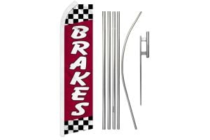 Brakes Red Superknit Polyester Swooper Flag Size 11.5ft by 2.5ft & 6 Piece Pole & Ground Spike Kit