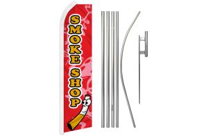 Smoke Shop Red & Yellow Superknit Polyester Swooper Flag Size 11.5ft by 2.5ft & 6 Piece Pole & Ground Spike Kit