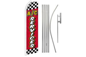 A/C Services Red Checkered Superknit Polyester Swooper Flag Size 11.5ft by 2.5ft & 6 Piece Pole & Ground Spike Kit