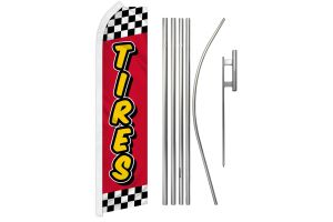 Tires Red Checkered Superknit Polyester Swooper Flag Size 11.5ft by 2.5ft & 6 Piece Pole & Ground Spike Kit