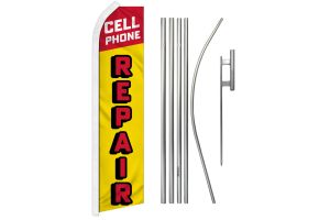 Cell Phone Repair Superknit Polyester Swooper Flag Size 11.5ft by 2.5ft & 6 Piece Pole & Ground Spike Kit 