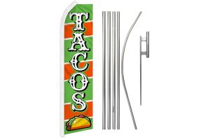 Tacos Superknit Polyester Swooper Flag Size 11.5ft by 2.5ft & 6-Piece Pole & Ground Spike
