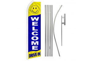 Welcome Drive In Superknit Polyester Swooper Flag Size 11.5ft by 2.5ft & 6 Piece Pole & Ground Spike Kit