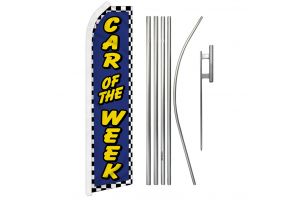 Car Of The Week Blue Superknit Polyester Swooper Flag Size 11.5ft by 2.5ft & 6 Piece Pole & Ground Spike Kit